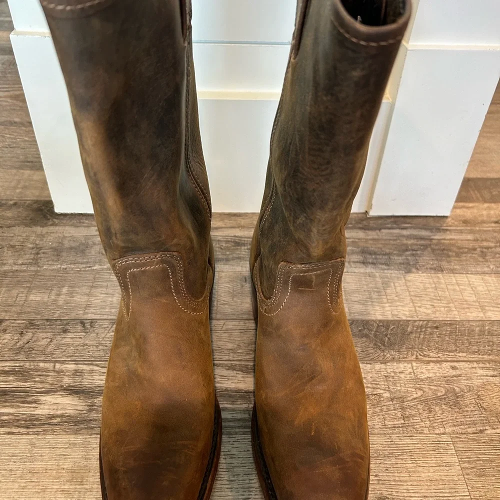$545 Frye Campus 12L Dark Brown Tan Leather Vintage Distress Square Cowboy Boot